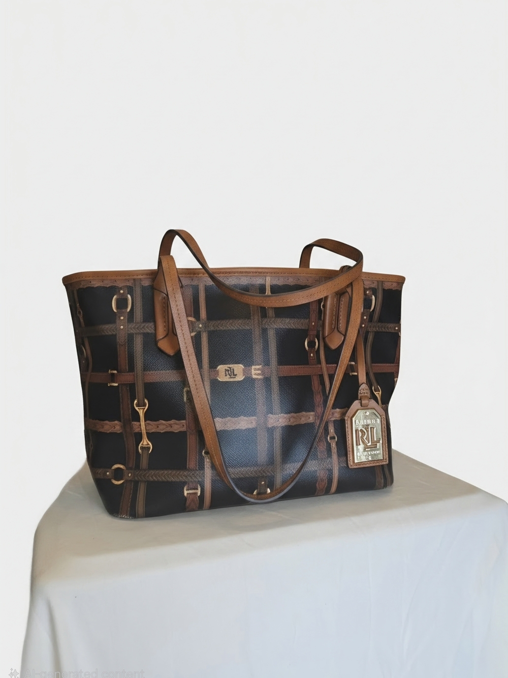 Lauren Ralph Lauren Brown and Black Logo Tote with Tan Trim